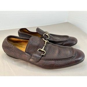 GUCCI Men's Brown Monogramed Leather Horse-bit Runway Loafers Shoes. Size 12.5
